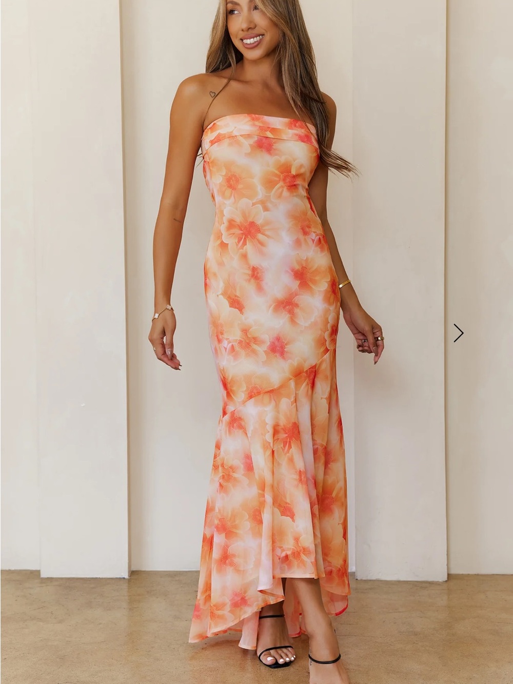 Hello Molly Strapless Floral Maxi Dress in Orange and Cream